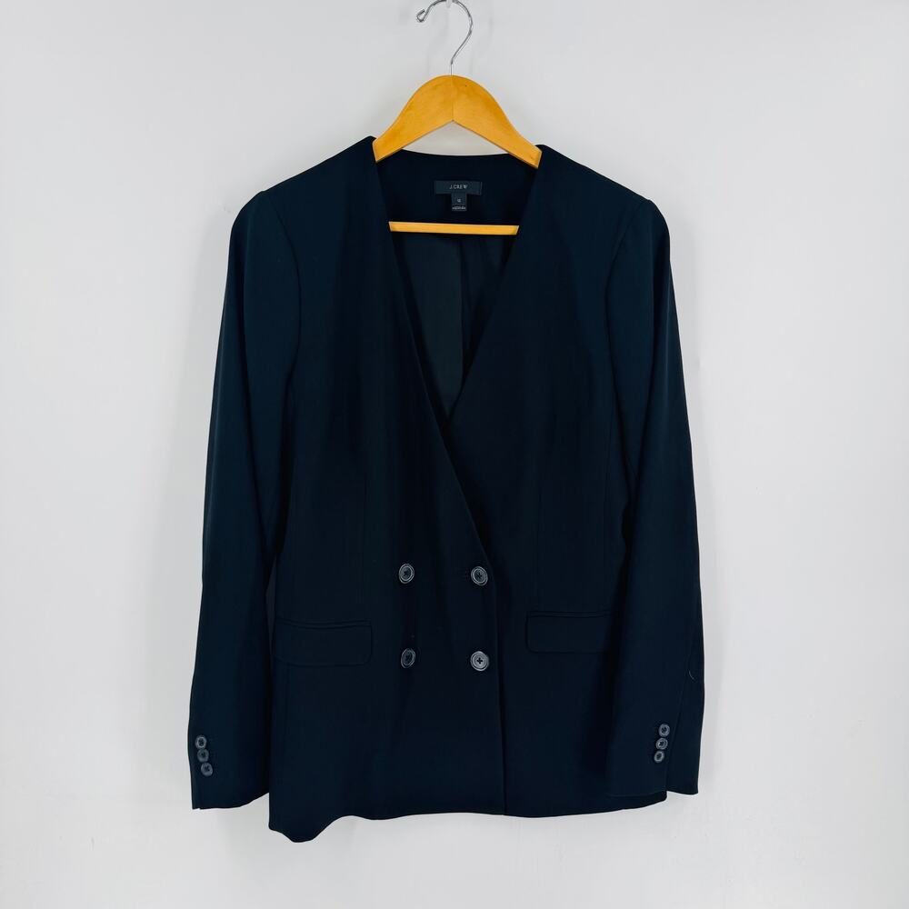 J. Crew French Girl Blazer Double Breasted Collarless‎ Crepe Black Size 12